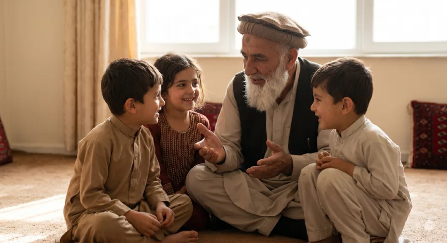 An elderly Afghan man with a white beard and pakol hat sharing a story with three young children in traditional Afghan attire