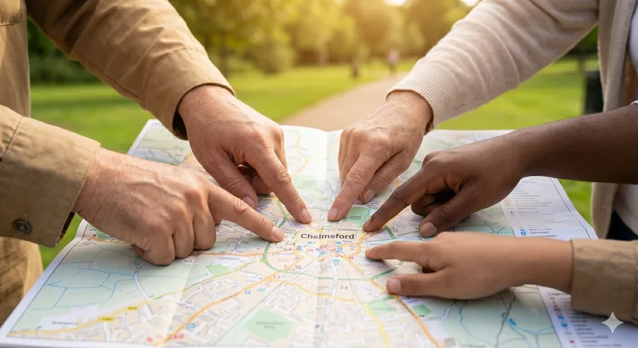 Diverse hands pointing together at a printed map of Chelmsford spread out in a sunny green park