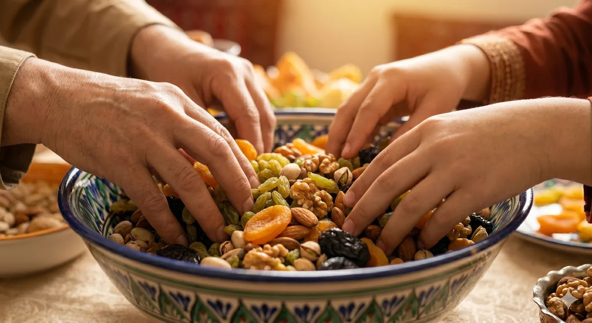Close-up of hands mixing dried fruits and nuts including apricots, raisins, walnuts and almonds in a traditional painted ceramic bowl