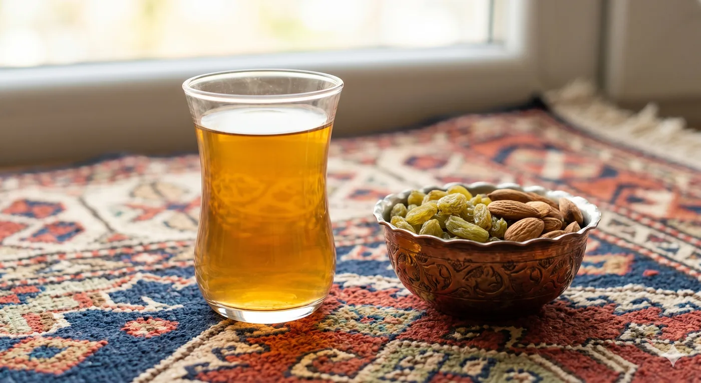 A glass of Afghan chai next to a copper bowl of raisins and almonds on a traditional kilim rug